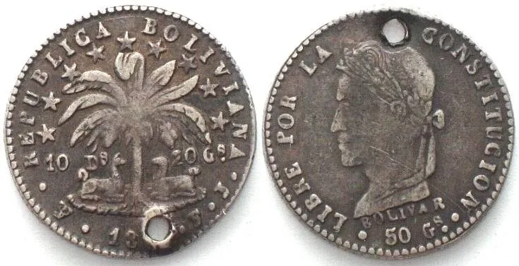 1860 BOLIVIA 1 Sol 1860 (F/J) J, PTS, Potosi mint,BOLIVAR silver SCARCE! VF+