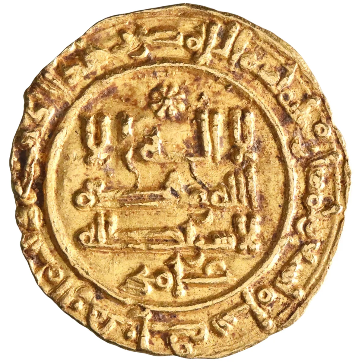 Umayyad of Spain: al-Hakam II (961-976), gold dinar (3.27g), Madinat al-Zahra (Medina Azahara) mint, AH 359 (969-970 CE). Citing 'Amir (Almanzor) and al-Hajib Ja'far (who only appears on gold dinars of AH 357-359). Floral design in upper obverse field. R