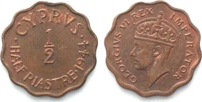 1944 BRITISH CYPRUS 1/2 Piastre 1944 GEORGE VI bronze UNC-!
