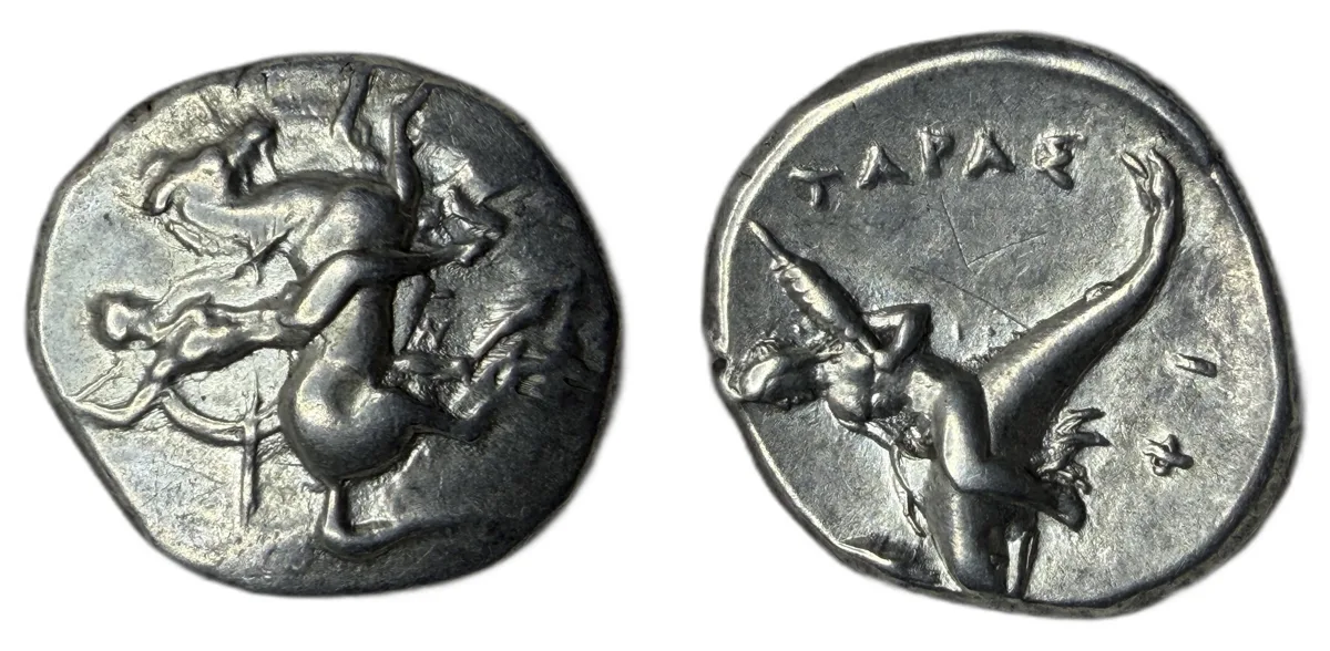 Calabria, Tarentum, Silver Nomos 290 - 281 BC Warrior w 2 spears, Dolphin Rider