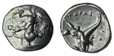 Calabria, Tarentum, Silver Nomos 290 - 281 BC Warrior w 2 spears, Dolphin Rider