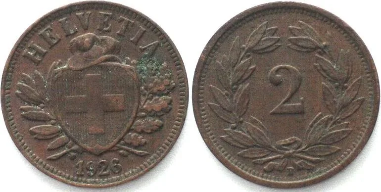 1926 SWITZERLAND 2 Rappen 1926 Bronze SCARCE DATE! EF