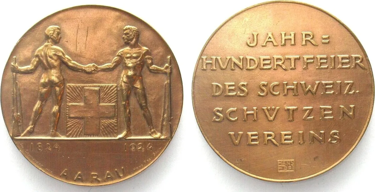 1924 AARAU FEDERAL SHOOTING FESTIVAL 1924 Medal by HANS FREI bronze 49mm AU