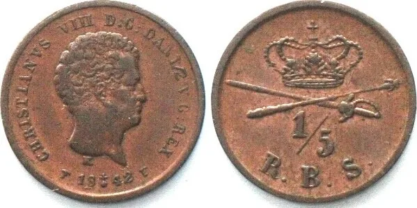 1842 DENMARK 1/5 Rigsbankskilling 1842 CHRISTIAN VIII copper AU!