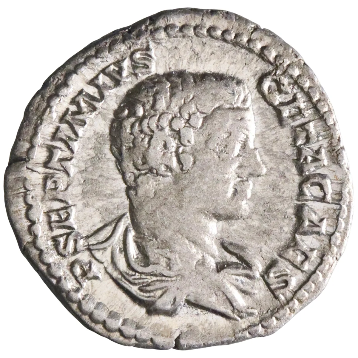 Roman: Geta, as Caesar (198-209), silver denarius (3.40g), Rome mint, 203-208 CE. Minerva standing left, leaning on shield and holding spear.