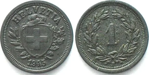 1945 SWITZERLAND 1 Rappen 1945 bronze XF+ SCARCE YEAR! AU