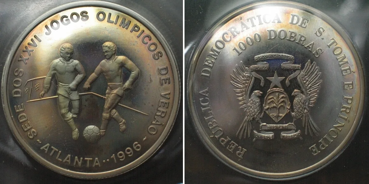 1996 ST. THOMAS & PRINCE ISL. 1000 Dobras 1996 Soccer OLYMPICS ATLANTA Cu-Ni Proof