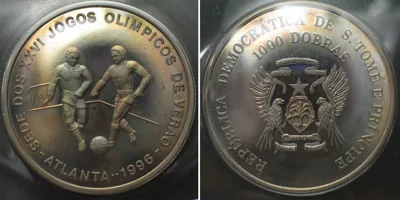 1996 ST. THOMAS & PRINCE ISL. 1000 Dobras 1996 Soccer OLYMPICS ATLANTA Cu-Ni Proof