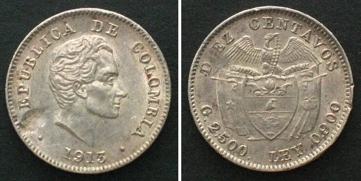 1913 COLOMBIA 10 Centavos 1913, silver UNC-!
