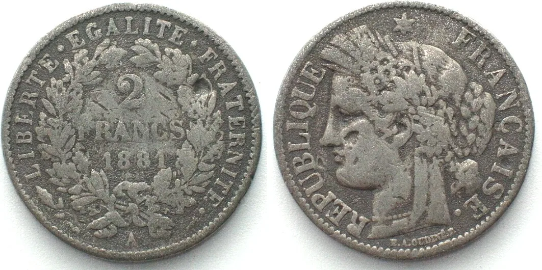 1881 FRANCE 2 Francs 1881 A, Contemporary counterfeit, lead/tin alloy VF-