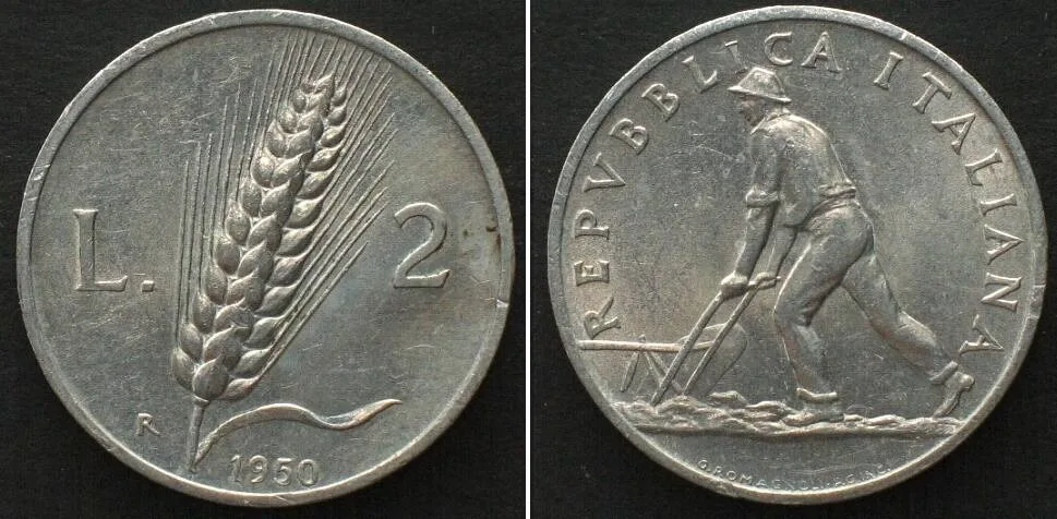 1950 ITALY 2 Lire 1950 Alu UNC-!