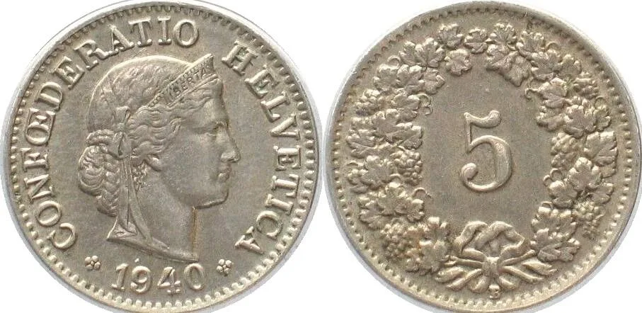 1940 SWITZERLAND 5 Rappen 1940 Cu-Ni UNC!