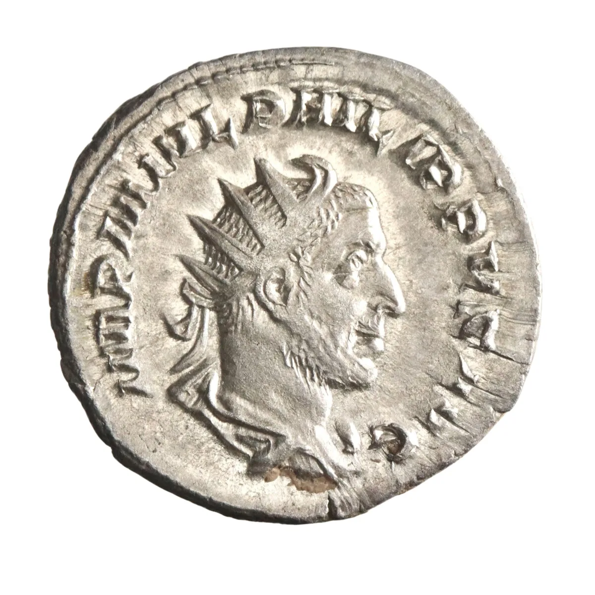 Roman: Philip I 'the Arab' (244-249), silver antoninianus (3.97g), Rome mint, 244-249 CE. Radiate, draped, and cuirassed bust / Roma seated, holding spear and Victory.