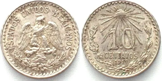 1919 MEXICO. 10 Centavos 1919 M, silver, AU!