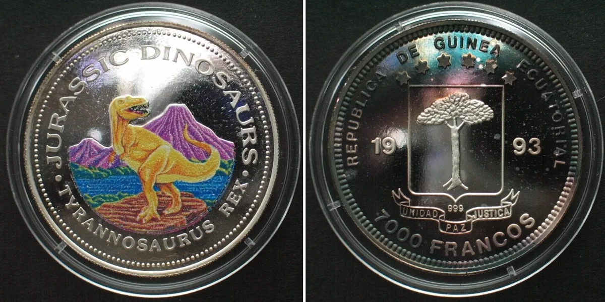 1993 EQUATORIAL GUINEA 7000 Francos 1993 Tyrannosaurus DINOSAURS silver COLORED Proof