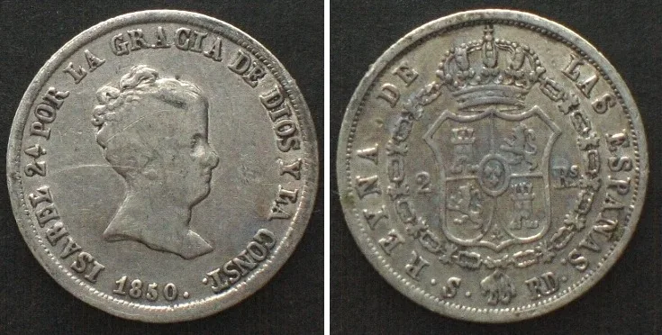 1850 SPAIN. 2 Reales 1850 S RD, Seville mint, ISABEL II silver VF/VF+