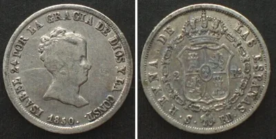 1850 SPAIN. 2 Reales 1850 S RD, Seville mint, ISABEL II silver VF/VF+