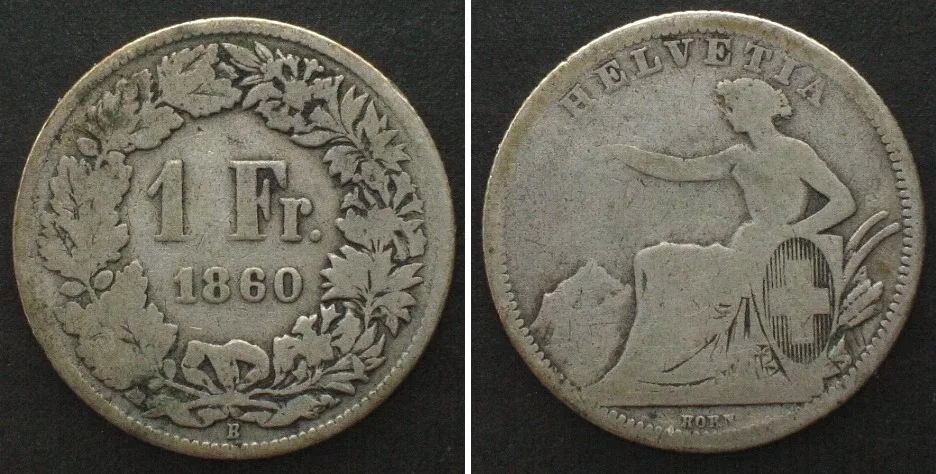 1860 SWITZERLAND 1 Franc 1860 B, SEATED HELVETIA silver SCARCE DATE! F