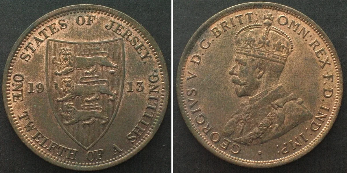 1913 JERSEY 1/12 Shilling 1913, GEORGE V, bronze BU!!!