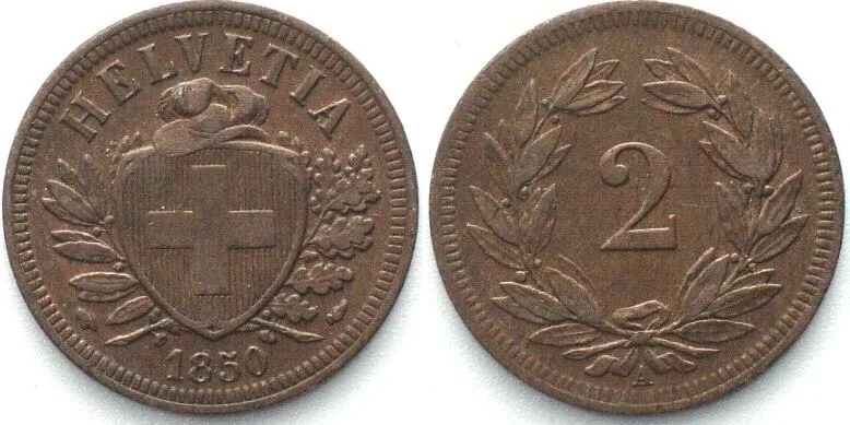 1850 SWITZERLAND 2 Rappen 1850 A, bronze AU!