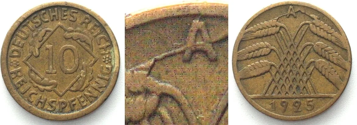 1925 Germany WEIMAR REPUBLIC 10 Reichspfennig 1925 A, Al-Bro, DIE CRACK MINT ERROR VF+