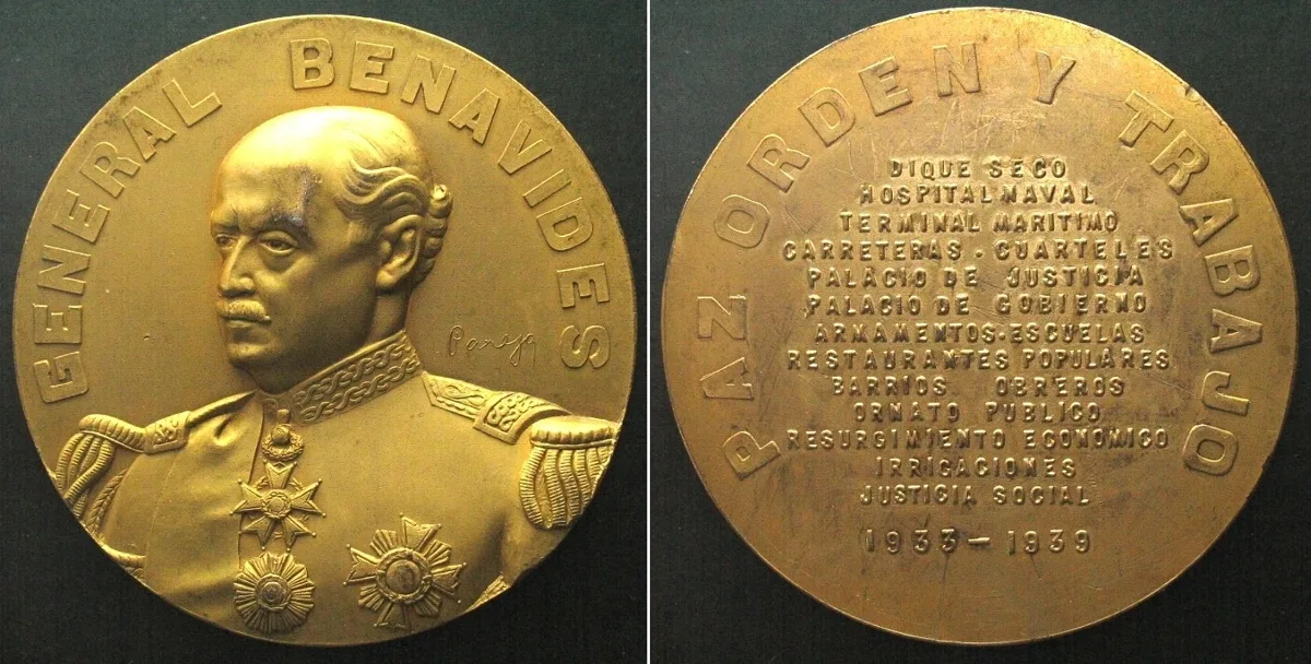 1939 PERU. Medal 1939 GENERAL BENAVIDES, by Pareja, 69mm, RRR! AU
