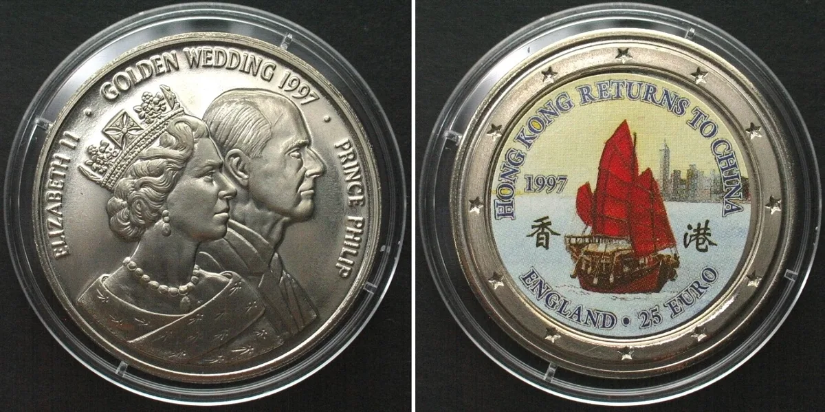1997 UK 25 Euro 1997 Ship HONG KONG RETURNS TO CHINA / GOLDEN WEDDING Cu-Ni BU