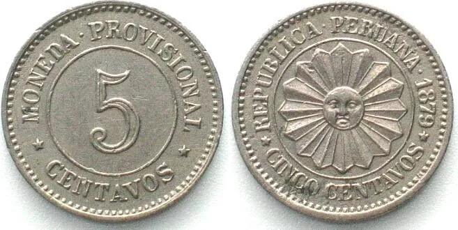 1879 PERU 5 Centavos 1879 Cu-Ni AU!