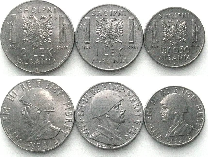 1939 ALBANIA 0.50, 1, 2 Lek 1939, VITTORIO EMANUELE III, steel UNC-! UNC
