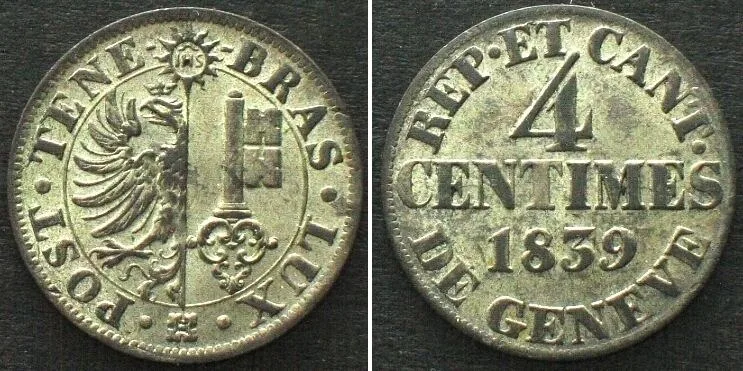 1839 Swiss Cantons GENEVA 4 Centimes 1839 billon UNC!!!