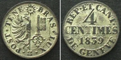 1839 Swiss Cantons GENEVA 4 Centimes 1839 billon UNC!!!