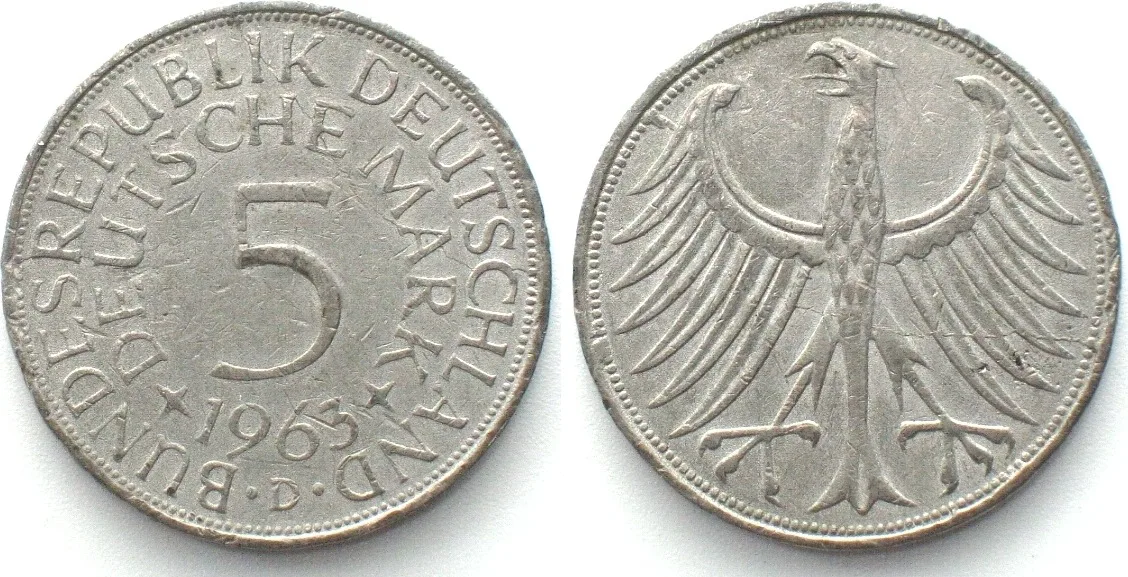 1963 GERMANY 5 Mark 1963 D, contemporary counterfeit VF-EF