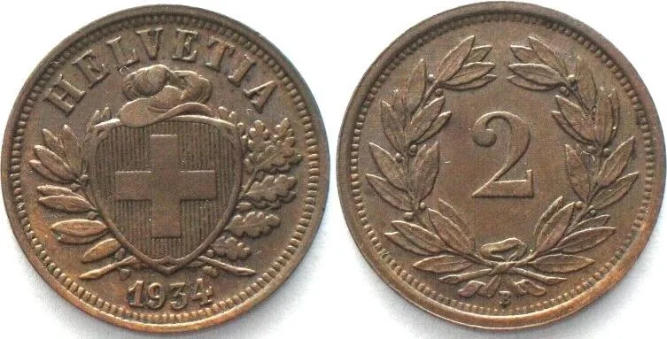 1934 SWITZERLAND 2 Rappen 1934 bronze SCARCE YEAR! AU!
