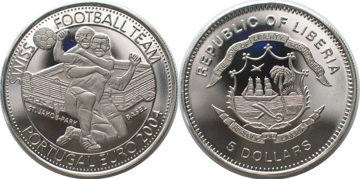 2004 LIBERIA 5 Dollars 2004 St. Jakob - Basel SOCCER EUROPE CUP Cu-Ni Proof