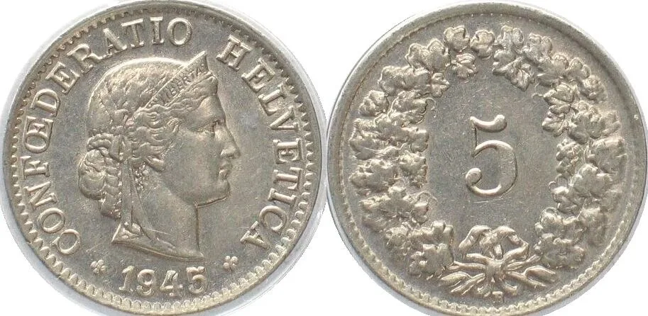 1945 SWITZERLAND 5 Rappen 1945 Cu-Ni SCARCE!!! UNC!