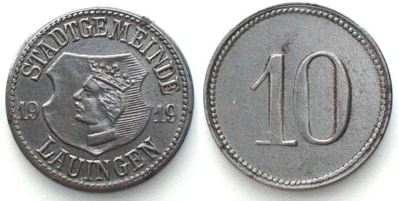 1919 Germany LAUINGEN (Bavaria) 10 Pfennig 1919, NOTGELD, iron UNC-
