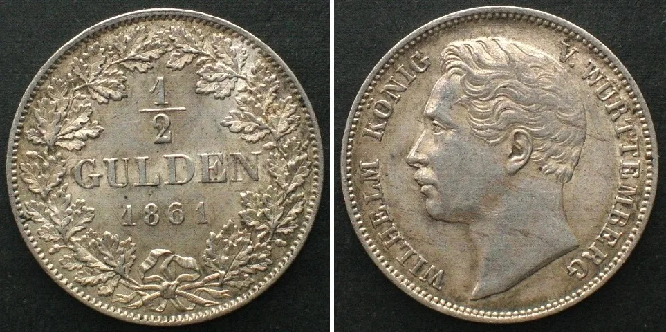 1861 German States WURTTEMBERG 1/2 Gulden 1861 WILHELM I silver UNC-!