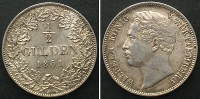 1861 German States WURTTEMBERG 1/2 Gulden 1861 WILHELM I silver UNC-!