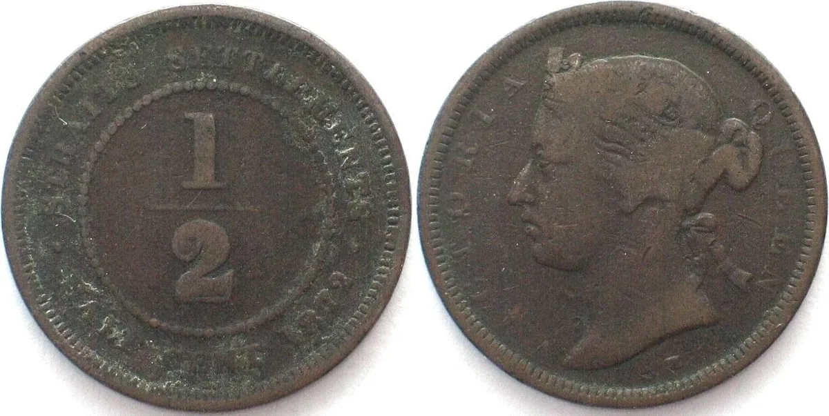 1872 STRAITS SETTLEMENTS 1/2 Cent 1872 H VICTORIA copper VF SCARCE!!! VF