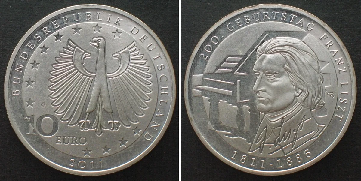 2011 GERMANY 10 Euro 2011 G, FRANZ LISZT silver UNC