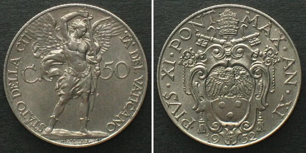 1932 VATICAN 50 Centesimi 1932, PIUS XI, nickel UNC