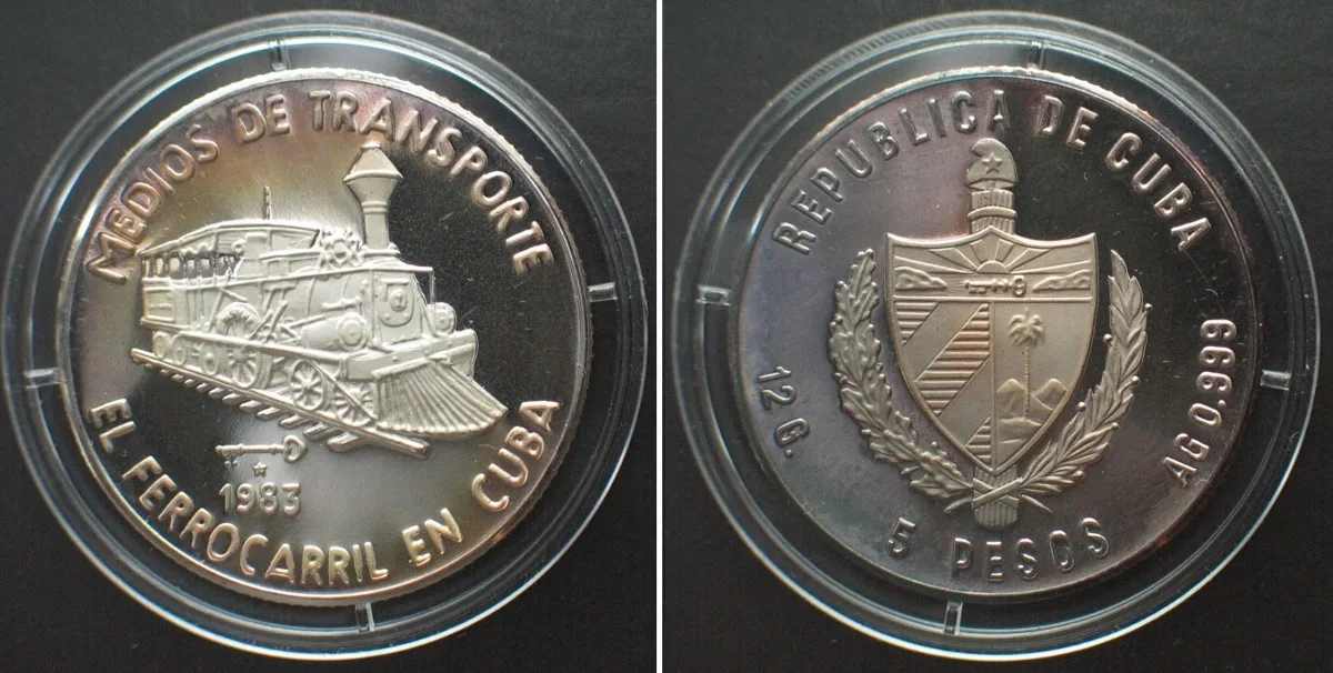 1983 CUBA 5 Pesos 1983 Railways TRANSPORTATION silver Proof