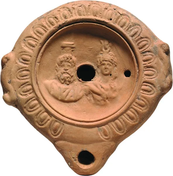 Roman Terracotta Oil Lamp, Isis and Serapis