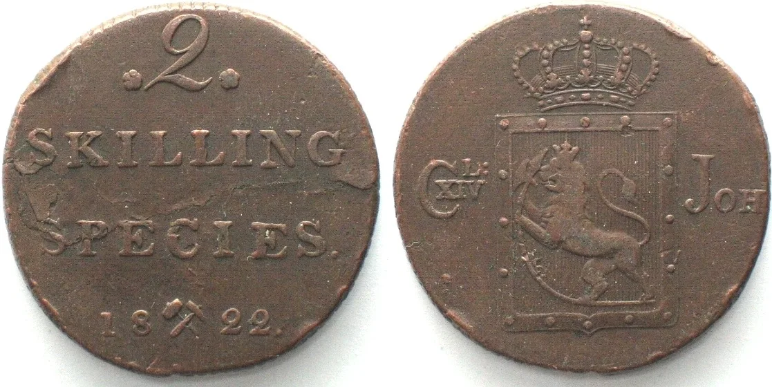 1822 NORWAY. 2 Skilling 1822, CARL XIV JOHAN, copper VF-XF VF-EF