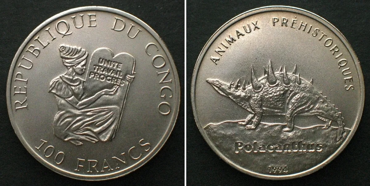 1994 CONGO - BRAZZAVILLE 100 Francs 1994 POLACANTHUS Dinosaurs SCARCE! BU