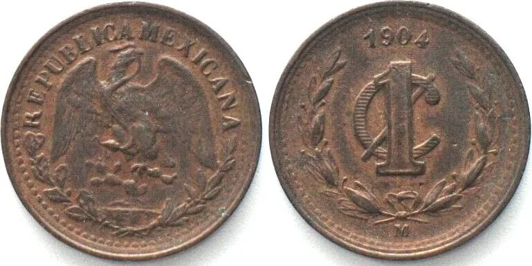 1904 MEXICO. 1 Centavo 1904 M, bronze, AU!