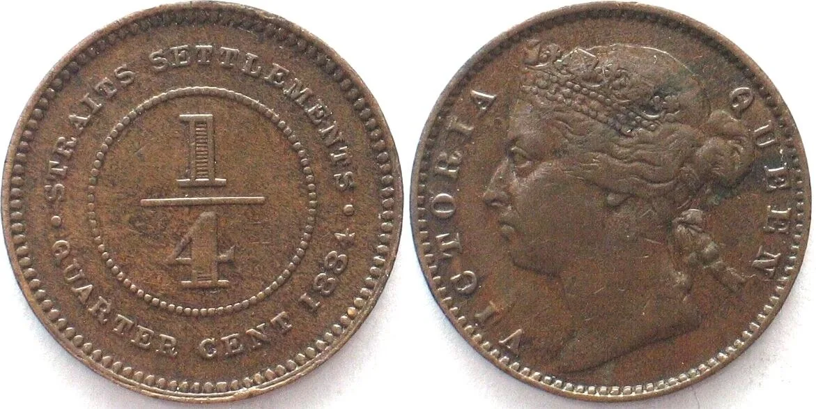 1884 STRAITS SETTLEMENTS 1/4 Cent 1884 VICTORIA copper RARE!!! XF EF