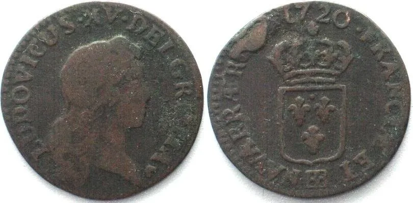 1721 FRANCE Liard 1720 BB, Strasbourg mint, LOUIS XV copper aVF VF-
