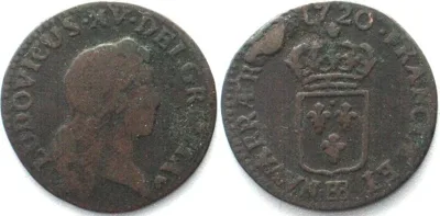 1721 FRANCE Liard 1720 BB, Strasbourg mint, LOUIS XV copper aVF VF-