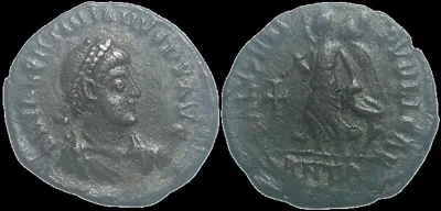 Valentinian II 375-392 AD, AE 14mm 1.26gm Antioch, dark green Patina, Scarce Variety because of the Cross instead of Chi-Rho